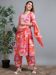 Pink Summer Bloom Cotton Kurti Set